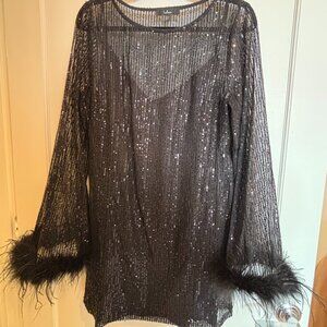 Lulus Black Sequin Mesh Long Sleeve Mini Dress with Feather Sleeves
